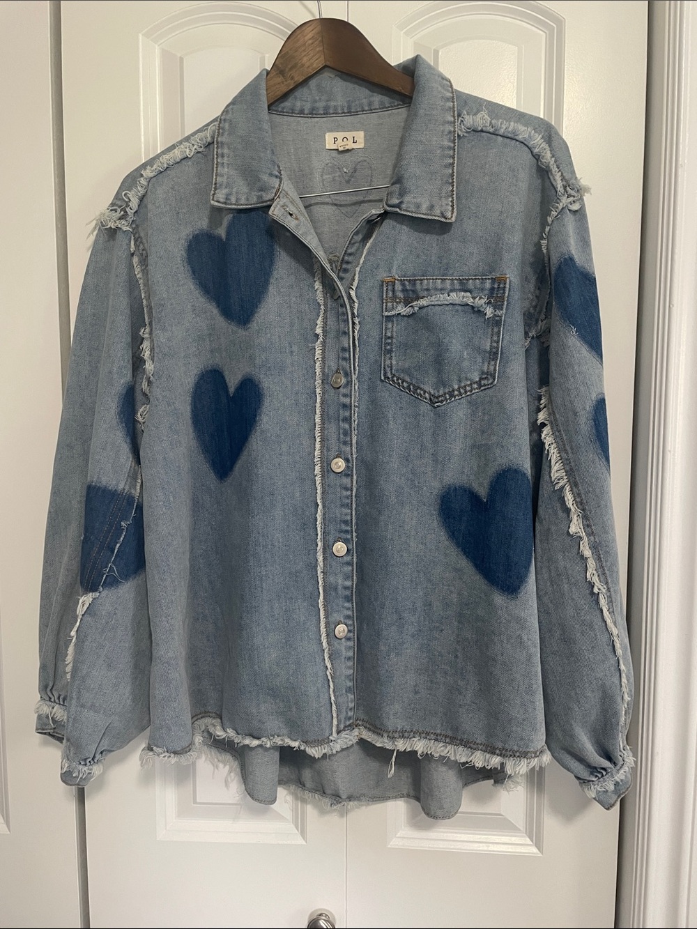 P.O.L Denim Heart Button-Up Shirt - Light Blue with Dark Blue Hearts
